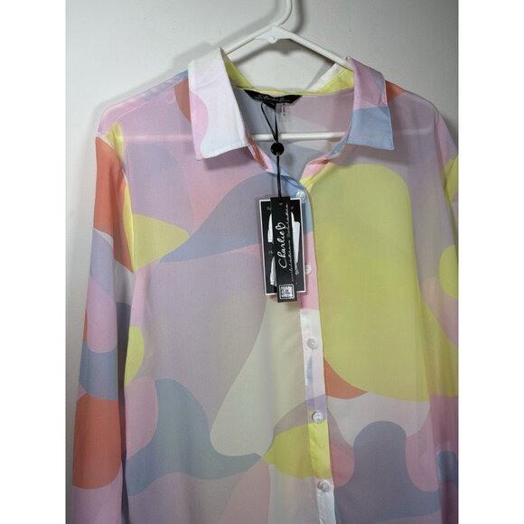 NEW Charlie B Sheer Chiffon Button-Down Top Y2K Colorful Abstract Artsy Boho XL - Picture 3 of 8